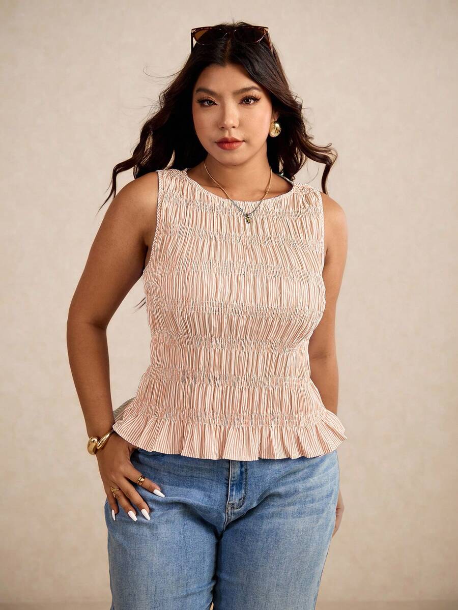 SHEIN Elaquor Camiseta sin mangas con volantes y rayas para mujer talla grande para vacaciones - Amarillo - Ver 1