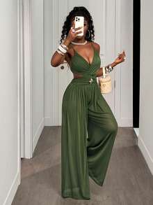 BamGleam 女士连体裤 - 性感露背V领连体裤，交叉腰部设计，高腰阔腿显瘦时尚度假风杏色连体裤 - 軍綠色 - 查看 1