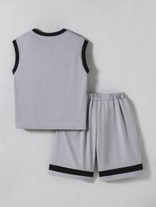 SHEIN Casuvi Kids 2pcs/Set Boys Casual Sports Daily Loose Letter Print Round Neck Short Sleeve T-Shirt And Elastic Waist Loose Letter Print Shorts Set, Summer Basketball Outfit For Boys Boy Sleeveless Sets Boys Tank And Shorts Set Boys Athletic Set Boys 2 Pieces Set Gym Outfit For Kids Boy Kids Outfit Set Boy Summer Sets - Grey - View 4