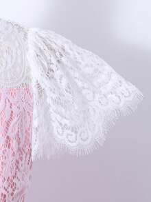 SHEIN Đầm ngắn tay xếp ly phối ren màu sắc dành cho bé gái tuổi teen, kiểu dáng thanh lịch. - Hồng - Xem 9
