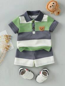 Souflis Souflis Bộ áo polo tay ngắn và quần short kẻ sọc không đều, dễ thương cho bé trai sơ sinh, thêu hình gấu, thích hợp cho mùa hè. - Nhiều màu - Xem 1