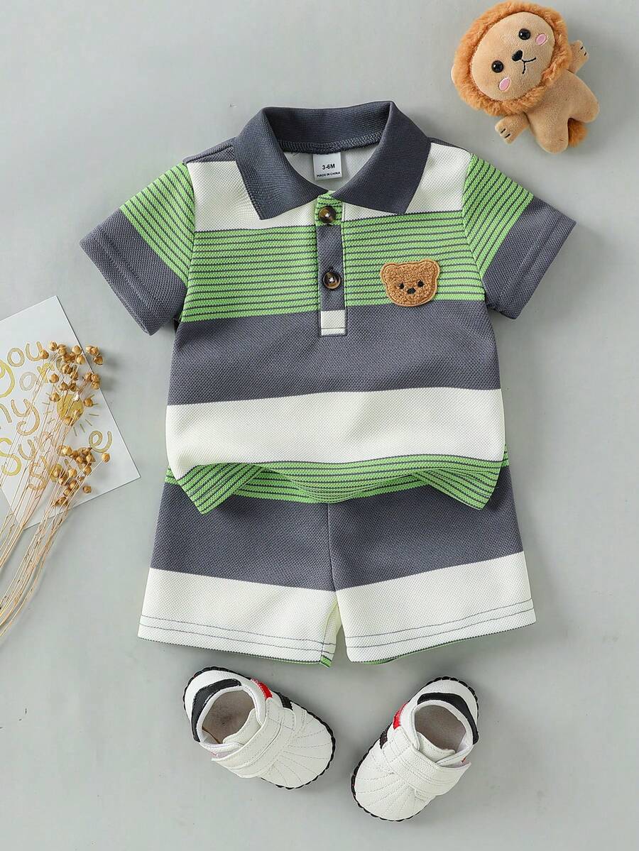 Souflis Souflis Bộ áo polo tay ngắn và quần short kẻ sọc không đều, dễ thương cho bé trai sơ sinh, thêu hình gấu, thích hợp cho mùa hè. - Nhiều màu - Xem 1