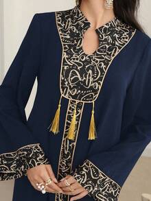 Al Najma Cardigan Panjang Motif Patchwork Warna Polos dengan Hiasan Emas dan Liontin - Navy Blue - View 3