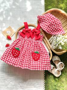 SHEIN Vintaside Kids 两件套女婴柠檬印花吊带连衣裙配帽子套装，休闲舒适又可爱，适合日常穿着、度假和玩耍 - 紅色 - 查看 4