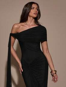SHEIN BAE 女士纯色简约休闲不对称肩连衣裙 - 黑色 - 查看 6