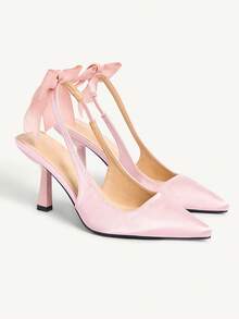 CUCCOO CHICEST Women's Pink Satin Pointed-Toe $Tiletto HeelsWhite Bow Cutout Backless Pumps With Preppy &Elegant & Cute - Pink - View 1