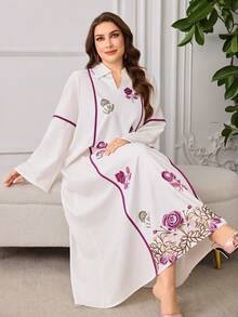 Al Najma Spring/Summer Fashion Casual Turndown Collar Front Print Flare Sleeve Robe - White - View 1