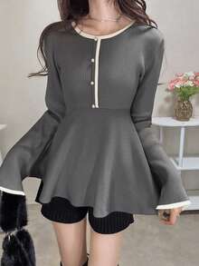 FRIFUL Women's Contrast Color Minimalist Crew Neck Long Sleeve Sweater, Everyday Wear - Dark Grey - View 4