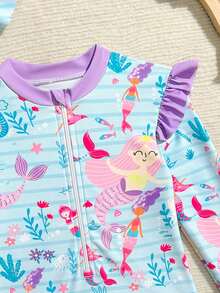 Baby Girls Mermaid Ruffled One-Piece Swimsuit With Hat, Knitted Fabric, Cute Casual Beachwear, Suitable For Swimming, Summer Vacation, Beach, Pool, Holiday Party - Multicolor - View 4