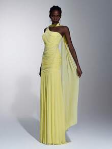 Elitara 优雅奢华的珍珠链拼接弹力针织网褶皱单肩吊带鱼尾连衣裙，配以荷叶袖，适合婚礼、派对、度假、舞会、晚礼服等场合。 - 黃色 - 查看 10