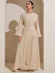 Graceveil Casual Long Sleeve Top & Flared Skirt Arabic Style Set For Women, Apricot Color - Apricot - View 3