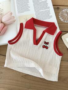 SHEIN LMoss Kids Áo không tay cổ phối màu tương phản in hình quả anh đào cho bé gái - Nhiều màu - Xem 4