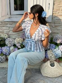 Serisse Women's Frenchy Fashion Casual Summer Blue And White  Floral Print  Cottagecore Floral Plunge Deep V-Neck Flutter Sleeve Babydoll Top Bow Front Flutter Sleeve Peplum Top,Summer Blue Holiday Resort,Boho Blouse Summer ,Vacation,Summer Tops, Suitable For Commuting, Dates, And Casual Everyday Wear,Summer Tops Women,Casual Blouses For Women ,Summer ,Beach , Wedding,Birthday,Going Out, Elegant , Casual - Blue and White - View 7