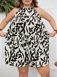 SHEIN CURVE+ Curve 尺码 US22 音乐节、海滨度假、波西米亚风女士度假植物印花休闲吊带连体裤短款连体裤可爱女式连身裤 - 黑與白 - 查看 8