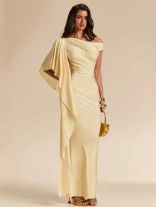 SHEIN BAE 女士优雅褶皱纯色修身连衣裙 - 淡黃色 - 查看 7