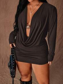 Rustia Sexy Plunging Neck Long Sleeve Stretchy Bodycon Plus Size Dress - Brown - View 1