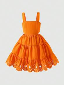 SHEIN 少女镂空刺绣荷叶边连衣裙 夏季假日 - 橘色 - 查看 5