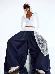LYSMO 女士时尚街头休闲通勤撞色蕾丝宽松灯笼裤 - 藏蓝色 - 查看 5