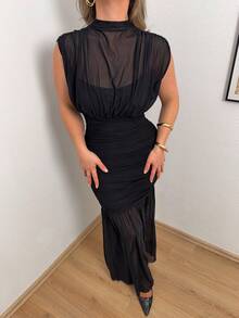 Jeta Ari Black Wrap Shawl Elegant Sheer Ruched Dress, Suitable For Romantic Dates, Parties, Formal Gatherings, Bridesmaid Dresses, Women's Summer Dress, Tea Party Dress, New Year, Valentine's Day, Birthday Mini Dress, Black Dress Black Dress Elegant - Black - View 3
