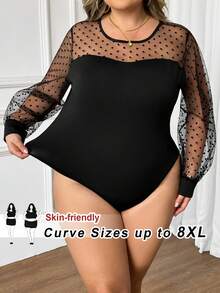 SHEIN CURVE+ Plus Size Women Flocked Polka Dot Mesh Patchwork Jumpsuit - Black - View 1