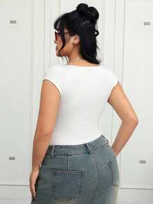 CovetEZ Plus Size Black Wide Strap Sweetheart Neck Ribbed Knit Bodysuit, Summer - White - View 3