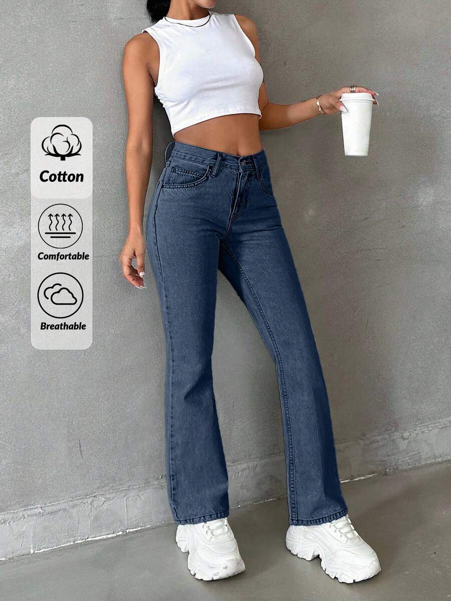 EURMUSE Jeans évasés taille haute et courts pour femmes, couleur unie - Jean bleu - Voir 1