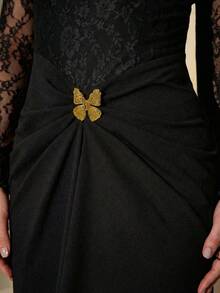 Modelyn 女款黑色花卉蕾絲長袖高領中長洋裝，金屬扣飾，適合約會之夜、晚宴、派對與聚會 - 黑色 - 查看 5