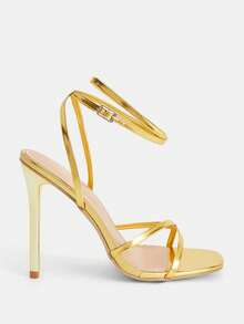 Glitzique 女士时尚高跟凉鞋，麂皮豹纹系带平底凉鞋，简约方头凉鞋，黑色亮漆高跟凉鞋，细跟高跟凉鞋，夏季户外及常规凉鞋，女士杏色凉鞋 - 金色 - 查看 10