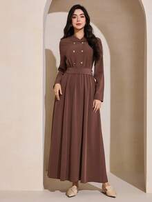 Graceveil Đầm dài tay cổ bẻ buộc dây màu cà phê dành cho nữ, kiểu dáng thường ngày. - Cà phê nâu - Xem 4