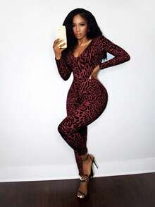Mistrie Autumn New Vintage Casual Leopard Print Sexy V-Neck Fitted Long Sleeve Jumpsuit For Women Zebra Print Outfit Women Zoo Outfits Women - Burgundy - View 3