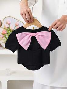 Emery Rose Kids Young Girls Solid Color Fitted Cropped Backless Organza Bow Decor Short Sleeve T-Shirt,Fashionable French Elegant Summer,Y2K Pink,First Birthday,Kids - Pink - View 2