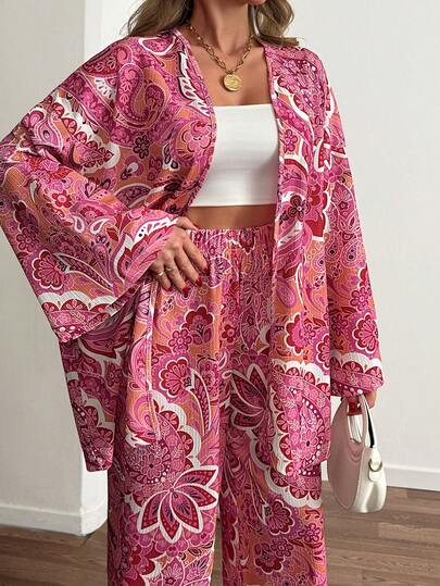 Cloudara Bright Pink Paisley Print Two Pieces Set – Long Sleeve Kimono Top & High Waist Wide Leg Pants, Lightweight Loungewear For Women