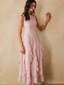 EMERY ROSE 法式奢华优雅雪纺露肩收腰竖条纹荷叶边下摆修身连衣裙，适合度假和约会穿着 - 粉色 - 查看 4