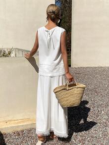 DAZY Women's Round Neck Sleeveless Lace Patchwork Vest And Straight Long Skirt Set, Vacation & Casual Style - White - View 5