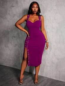 SHEIN SXY Vestido de fiesta sexy y elegante para mujer de talla grande, con tirantes anchos, decoración de ojales en el corpiño, vestido negro ajustado con abertura alta - Morado - Ver 1