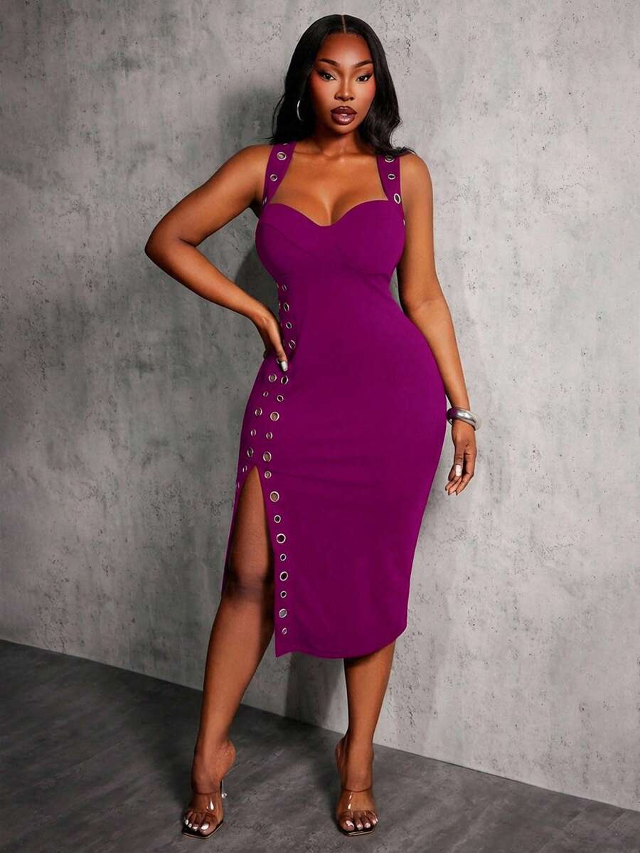 SHEIN SXY Vestido de fiesta sexy y elegante para mujer de talla grande, con tirantes anchos, decoración de ojales en el corpiño, vestido negro ajustado con abertura alta - Morado - Ver 1