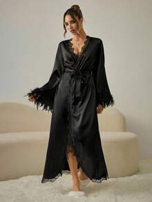 HautHeat Women's Solid Color Lace Trim Bell Sleeve Fuzzy Hem Sexy Robe - Black - View 3