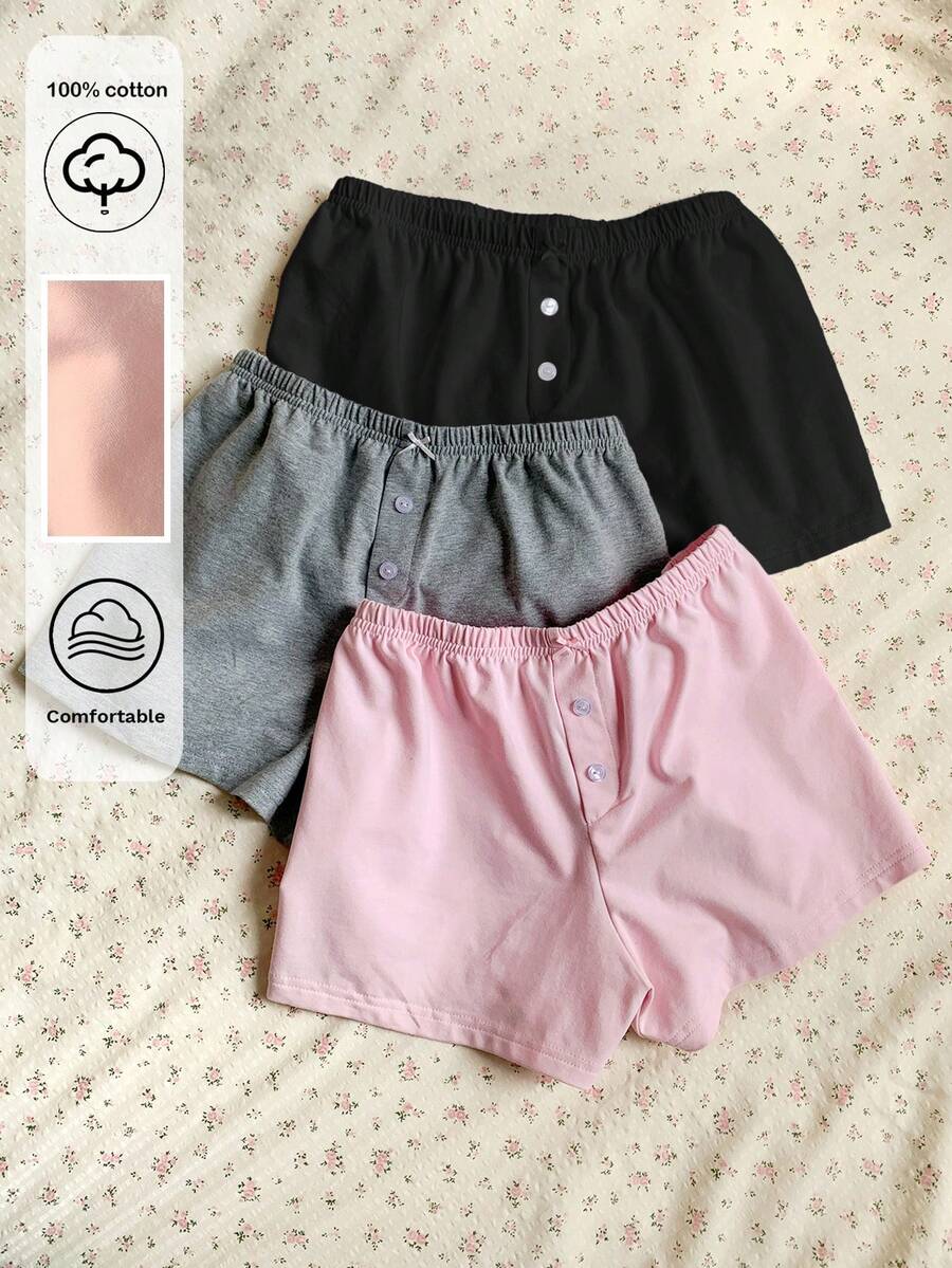 SHEIN EZwear 3件套女士针织休闲短裤套装，黑/灰/粉，夏季舒适短裤套装，柔软舒适棉质短裤，女士休闲短裤，家居服短裤，女士平角内裤，3件套女士短裤，夏季女士休闲短裤 - 彩色 - 查看 1