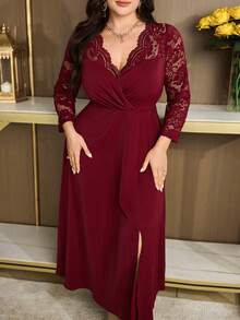 Modelyn 大码女式V领蕾丝拼接荷叶边腰身优雅派对连衣裙 - 酒紅色 - 查看 7