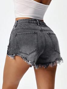 SHEIN EZwear Women's Pocket Distressed Hem Casual Denim Shorts - Black - View 3
