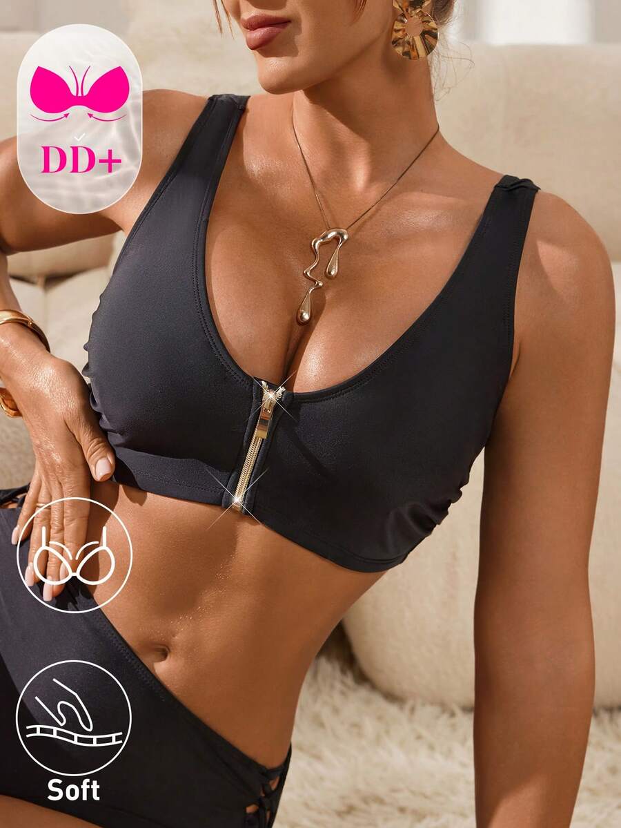 Swim DD+ 2026 Summer NEW Women's Solid Color Zipper Bikini Top, Summer Beach DD+ Bikini Sets Beach Vacation, Pool Party, Beach PartyBeach Outfits, Music Festival Outfits, Vacation Outfits, Seaside Dates, Holiday Outfits, Sexy, Elegant, Casual Outfits, Beach Party Outfits, Pool Party Outfits Swim Tops For Women Swimwear Tops For Woman Top With Built In Bra Bathing Suits For Women Push Up Bra Women Sexy Tops - Black - View 1