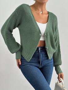 SHEIN Cottnline 1pc Casual Loose Shoulder Solid Color Cardigan, Autumn - Olive Green - View 5