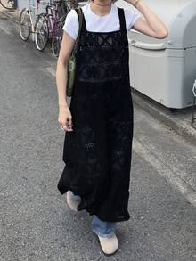 FRIFUL 女士蕾丝刺绣背带裙纯色连衣裙，适合春季至夏季穿着的吊带裙 - 黑色 - 查看 5
