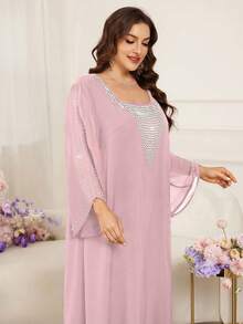 Al Najma Đầm dài tay cỡ lớn đính đá và hạt cườm - Hồng - Xem 4