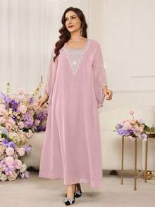 Al Najma Đầm dài tay cỡ lớn đính đá và hạt cườm - Hồng - Xem 7
