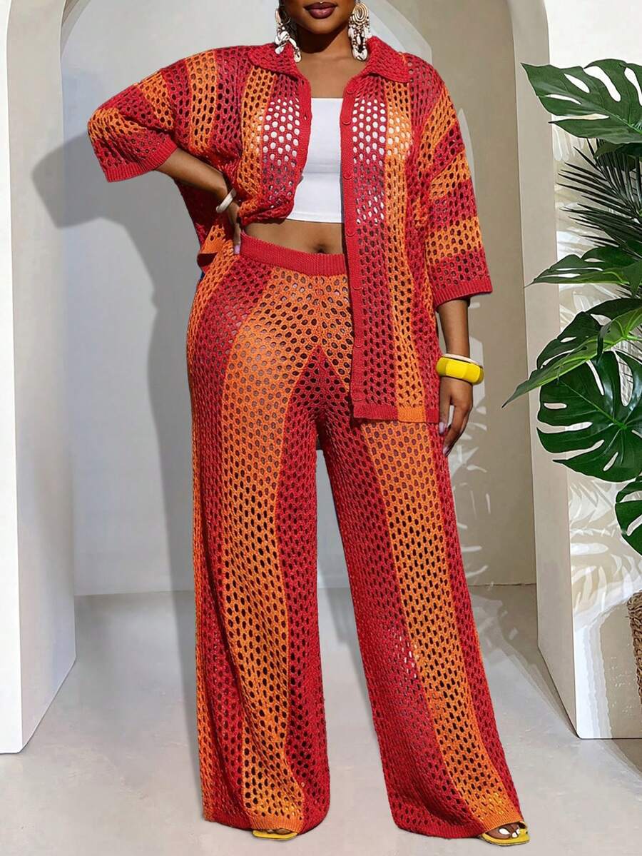 Slaydiva 新款假日休闲简约镂空衬衫领长袖开衫+阔腿裤蓝绿色针织两件套 - A - 玫瑰紅 - 查看 1