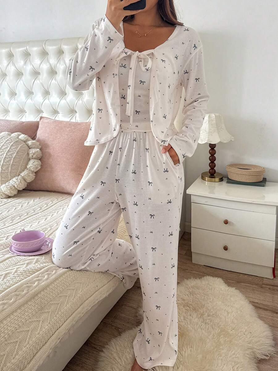 DAZY Women's Bow Print Camisole + Long Sleeve Jacket + Pants Pajama Set - White - View 1