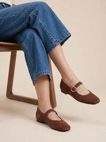 Mary Jane Chaff Ballerina Coffee With Decorative Buckle - Brown - View 4