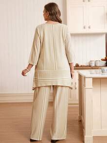 EMERY ROSE Conjunto de duas peças feminino plus size casual para férias e deslocamentos diários, com estampa listrada em blocos de cores, composto por blusa longa e calça pantalona. Ideal para primavera/outono. - Multicolorido - Ver 4