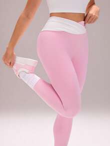 Sovereign Charm Leggings ajustés à taille croisée asymétrique pour femmes, portables au quotidien et pour le sport, couleurs macaron - Rose bonbon - Voir 3